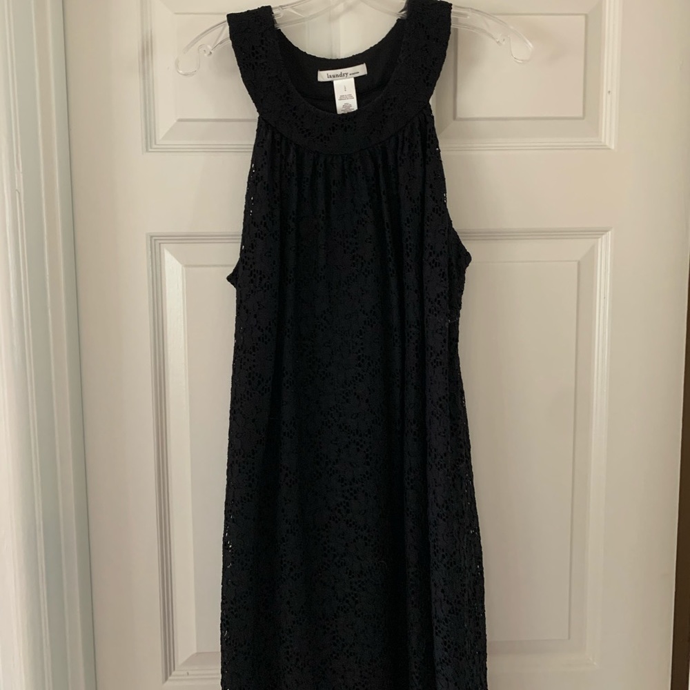 Laundry black crochet eyelet lace halter dress